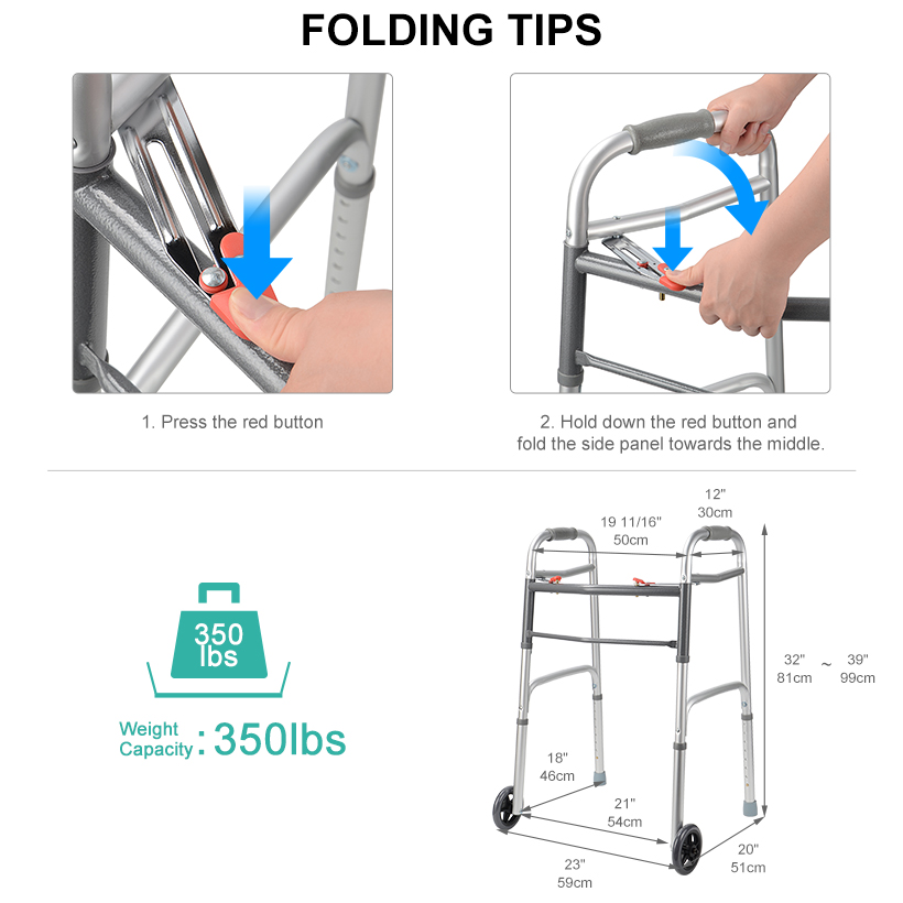 Folding Walker with Wheels, Lightweight Deluxe 2 Button Folding Walker