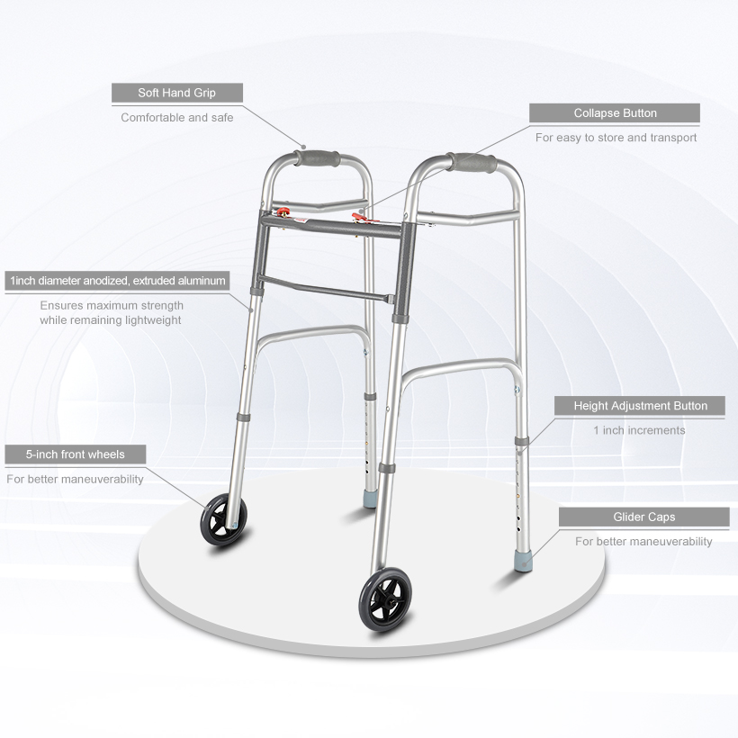 Folding Walker with Wheels, Lightweight Deluxe 2 Button Folding Walker