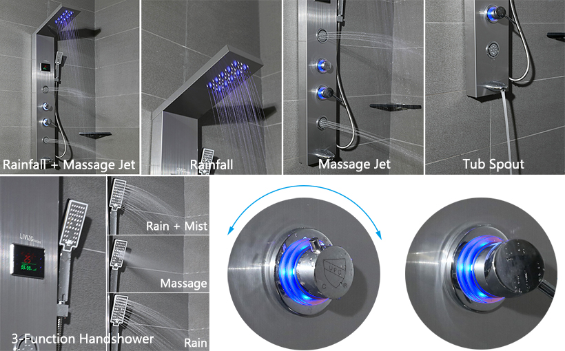 Shower Panel LED Light Rainfall Shower Head MultiFunction with Temperature Display LIVINGbasics®