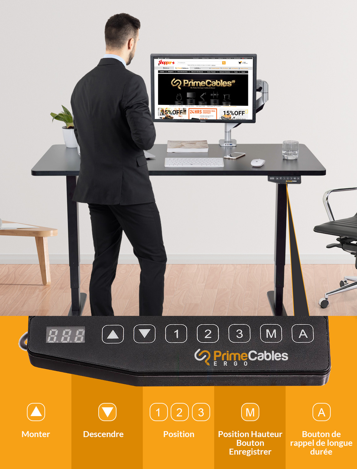 Assis Debout Hauteur Reglable De Bureau A Double Moteur Noir Primecables