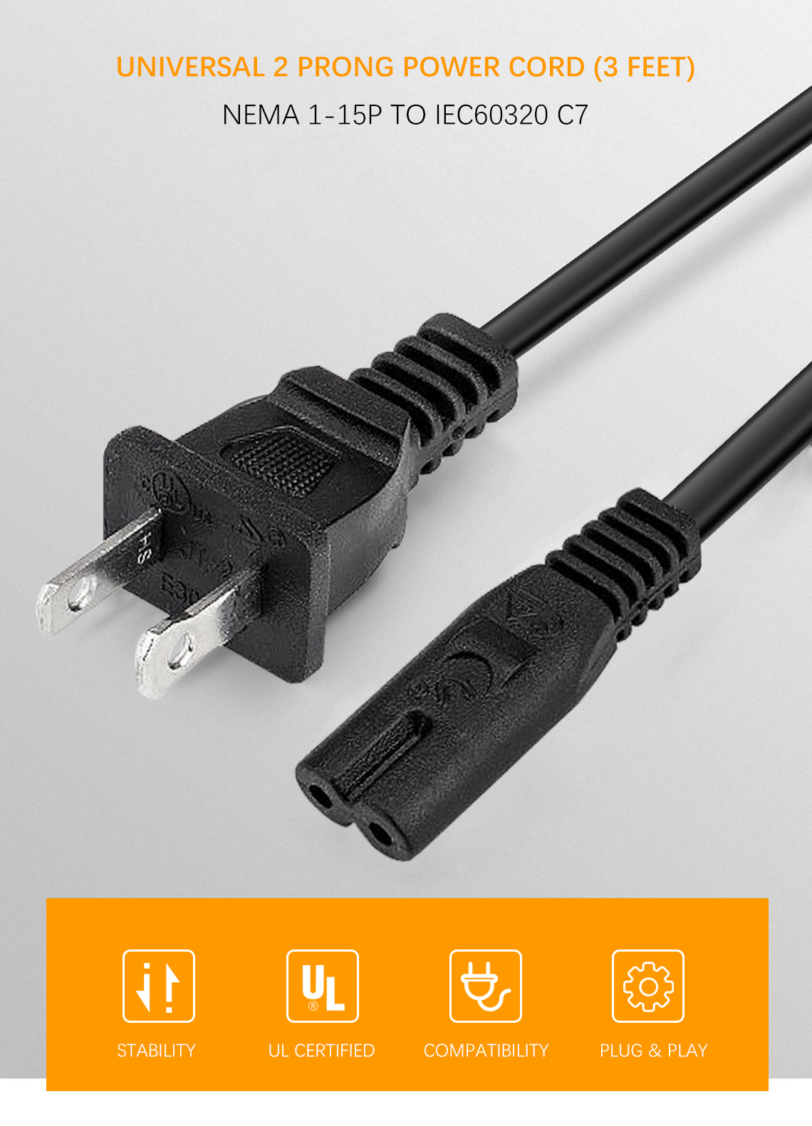 3Ft Polarized Notebook/Laptop 115P to C7 2 Pin Power Cord PrimeCables®