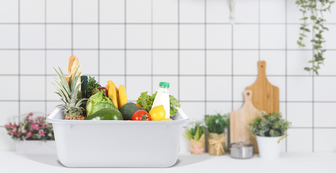 Fruits, vegetable and milk in a wash </p>
<p class=