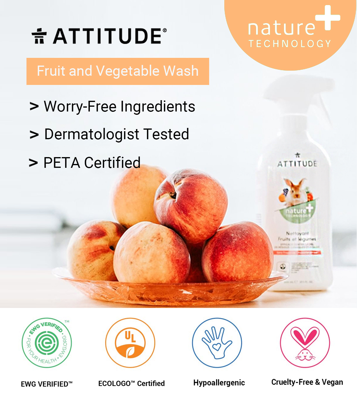 ATTITUDE Nettoyant pour fruits et légumes, sans parfum, 27,1 onces