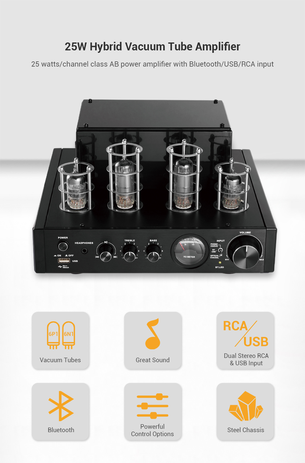 Amplificateur à tube hybride stéréo de 25 watts avec entrée Bluetooth