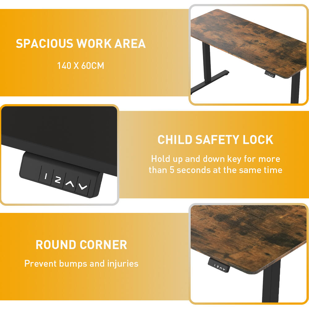Height-adjustable standing desk showing spacious work surface(140 x 60 cm), child safety lock, and rounded corner design