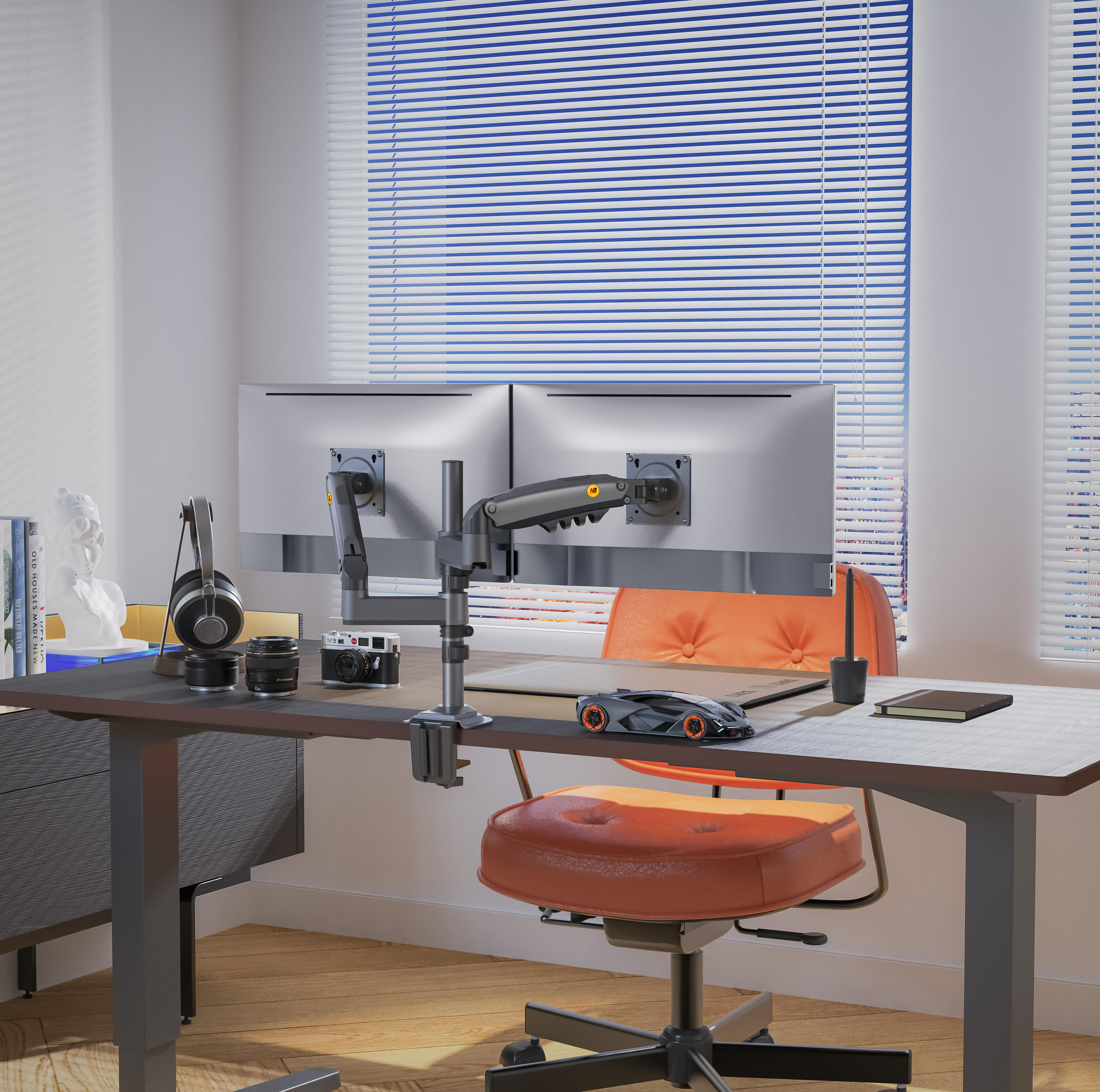 Support de bureau à double moniteur pivotant à mouvement complet